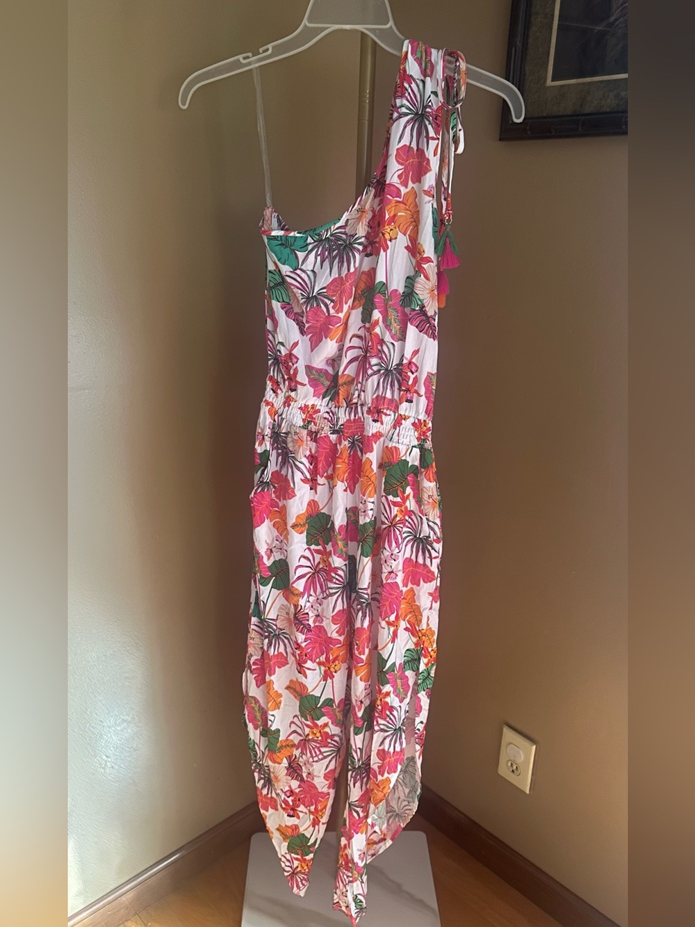 Bar III Tropical One-Shoulder Floral Jumpsuit in Pink, Green and Orange